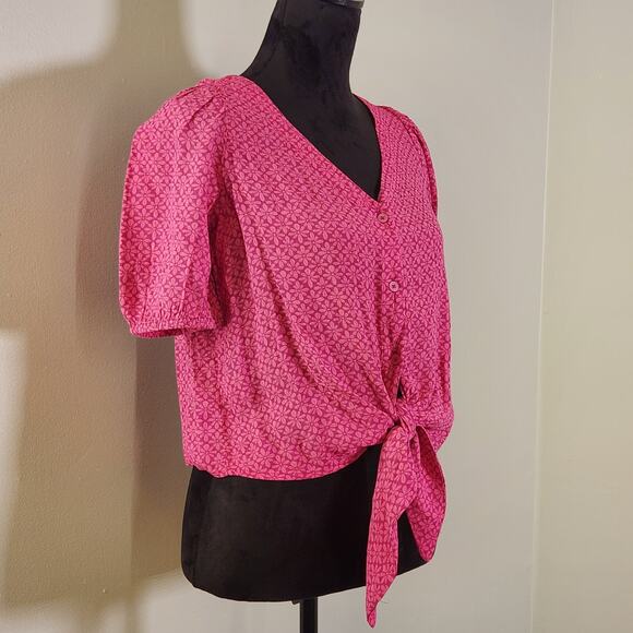 ANN TAYLOR Stamped Puff Sleeve Tie Front Blouse, Size Small Petite - Picture 6 of 13